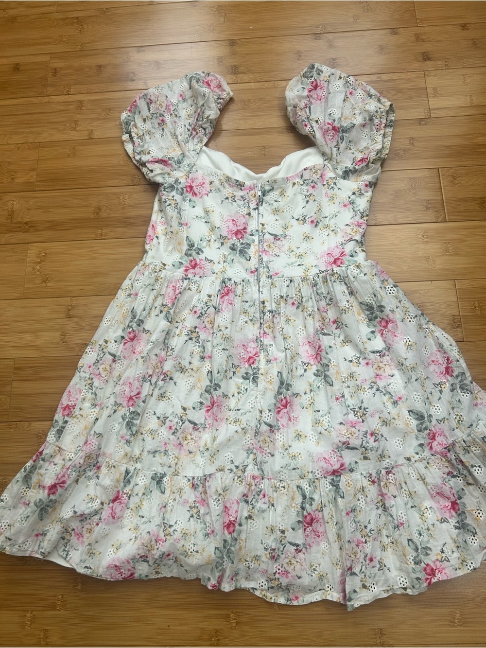 Kids Floral Puff-Sleeve Dress - White with Pink Roses
